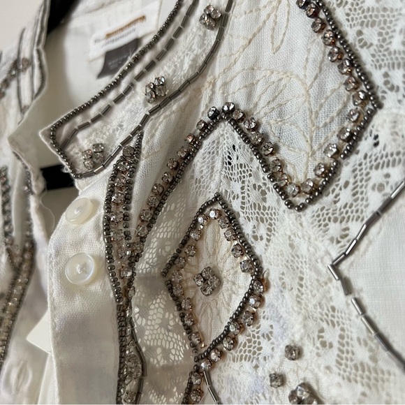 NWT Antthropologie Pilcro Nayeli White Beaded Cotton Linen Buttondown, size M - Picture 9 of 16